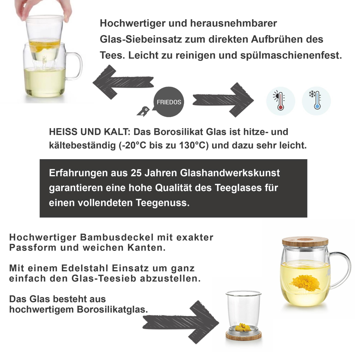 Informationsblatt zur Friedos Teetasse 500ml mit Glassieb - Bambus