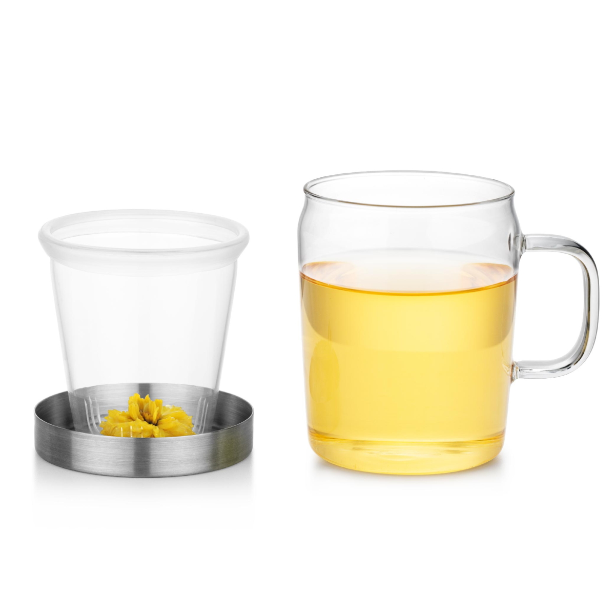 Einzelteile der Friedos Teetasse 500ml mit Glassieb und Metalldeckel